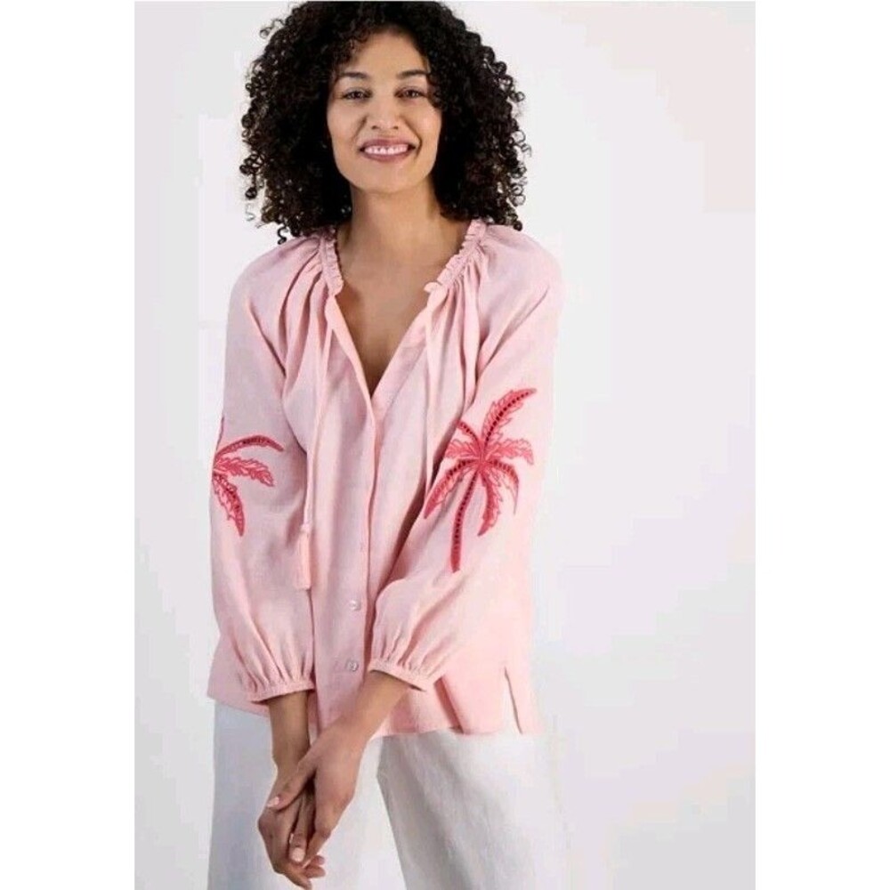 Charter Club Linen Womens Petite Pink Embroidered  Bubble Sleeve Palm Tree